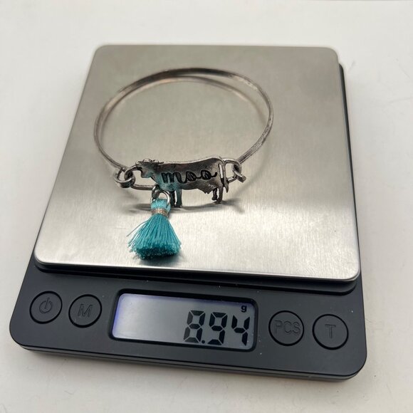 Cow Charm Silver Bangle Bracelet Moo Teal Tassel 7" Western Rancher Dairy Farmer - Picture 5 of 7